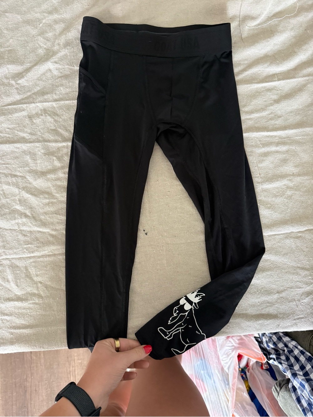 Kids Black Athletic Leggings with White Character Print